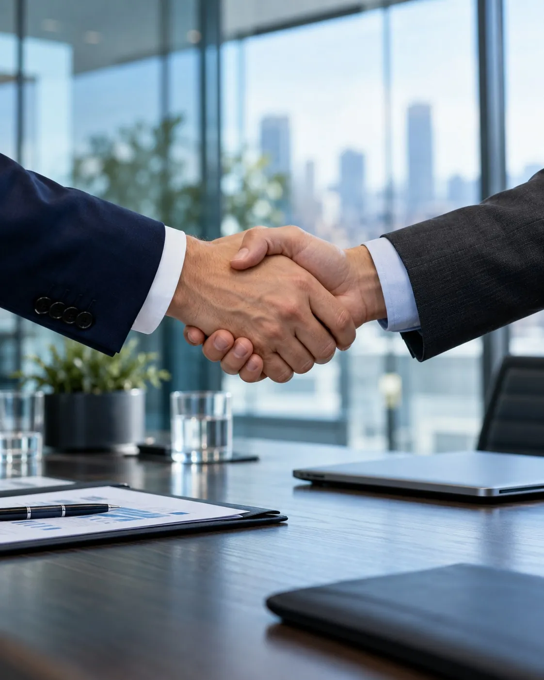 Two people shaking hands across a meeting table