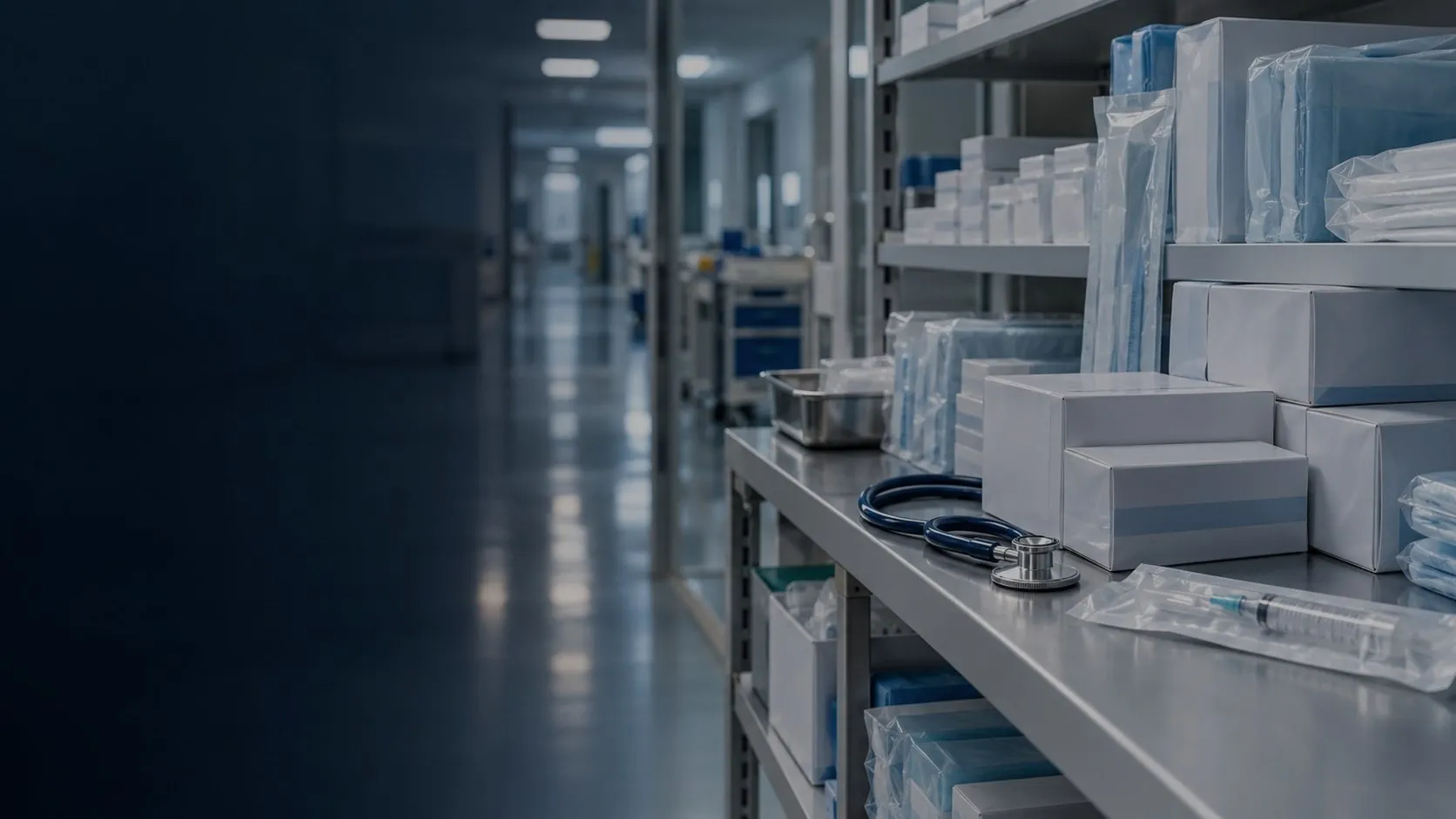 Shelves of packaged medical supplies in a storage room